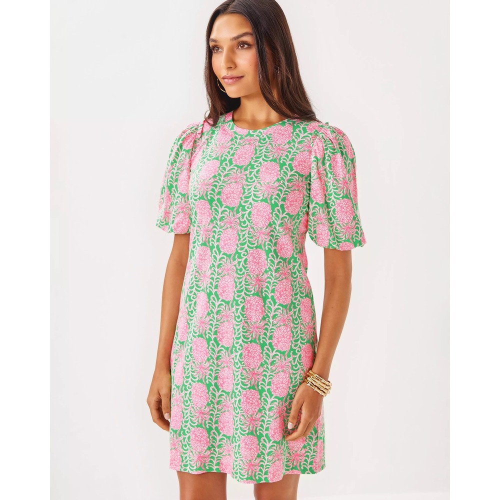 Lilly Pulitzer Pink‎ Green Pineapple Puff Sleeve Cotton T-Shirt Shift Dress XS